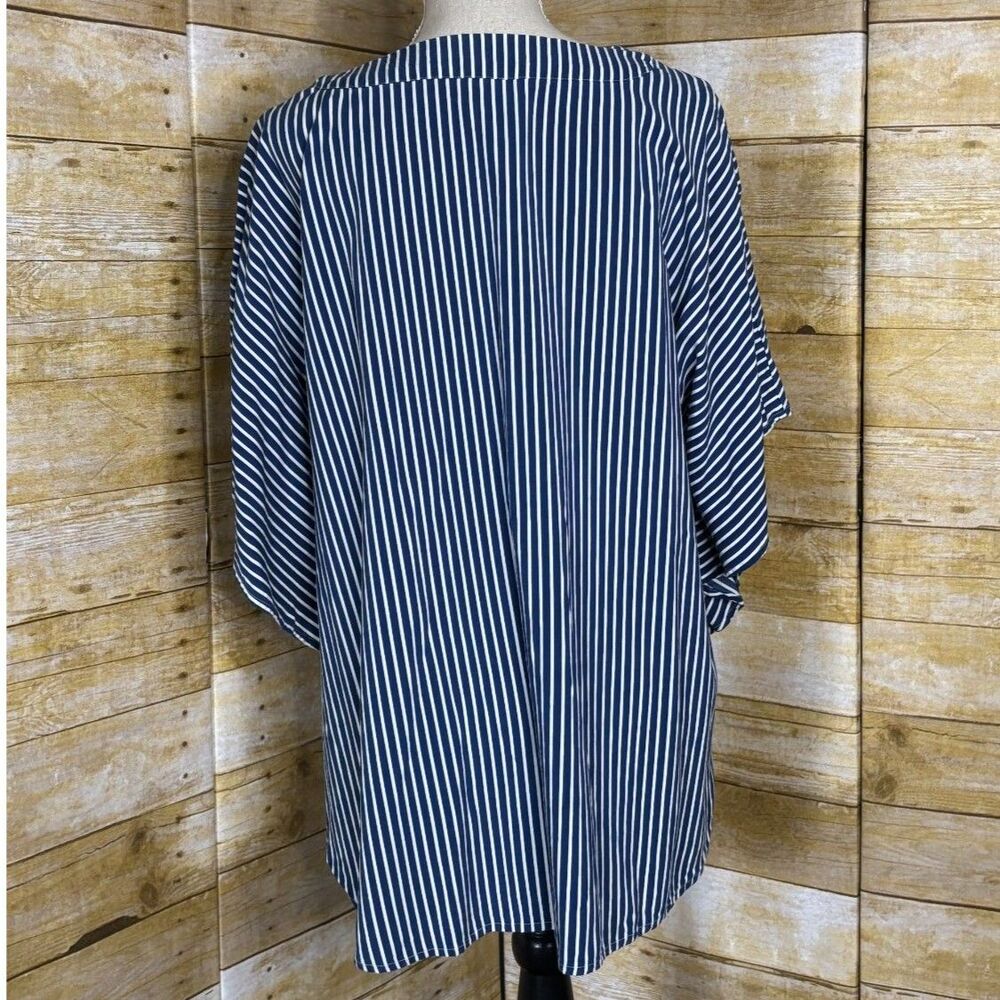 CHICO'S TIE FRONT HIGH LOW STRIPED FLORAL EMBROIDERED NOTCH NECK BATWING BLOUSE - Picture 5 of 5